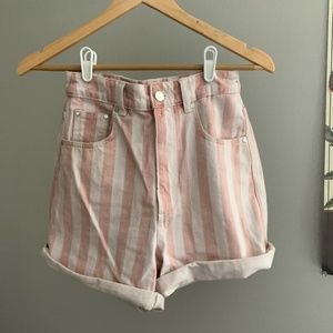Pink and white denim mom shorts